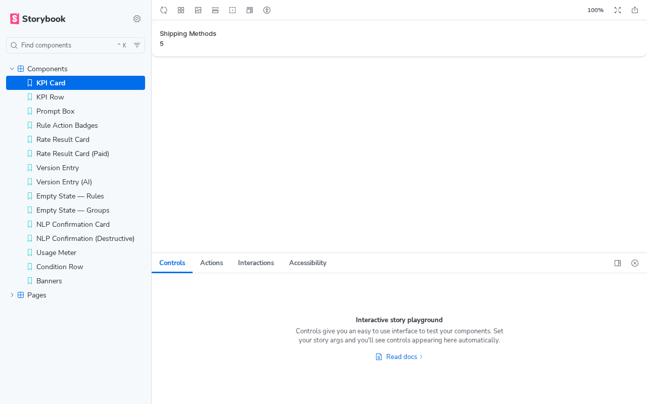 Storybook home screen showing sidebar with Components and Pages groups