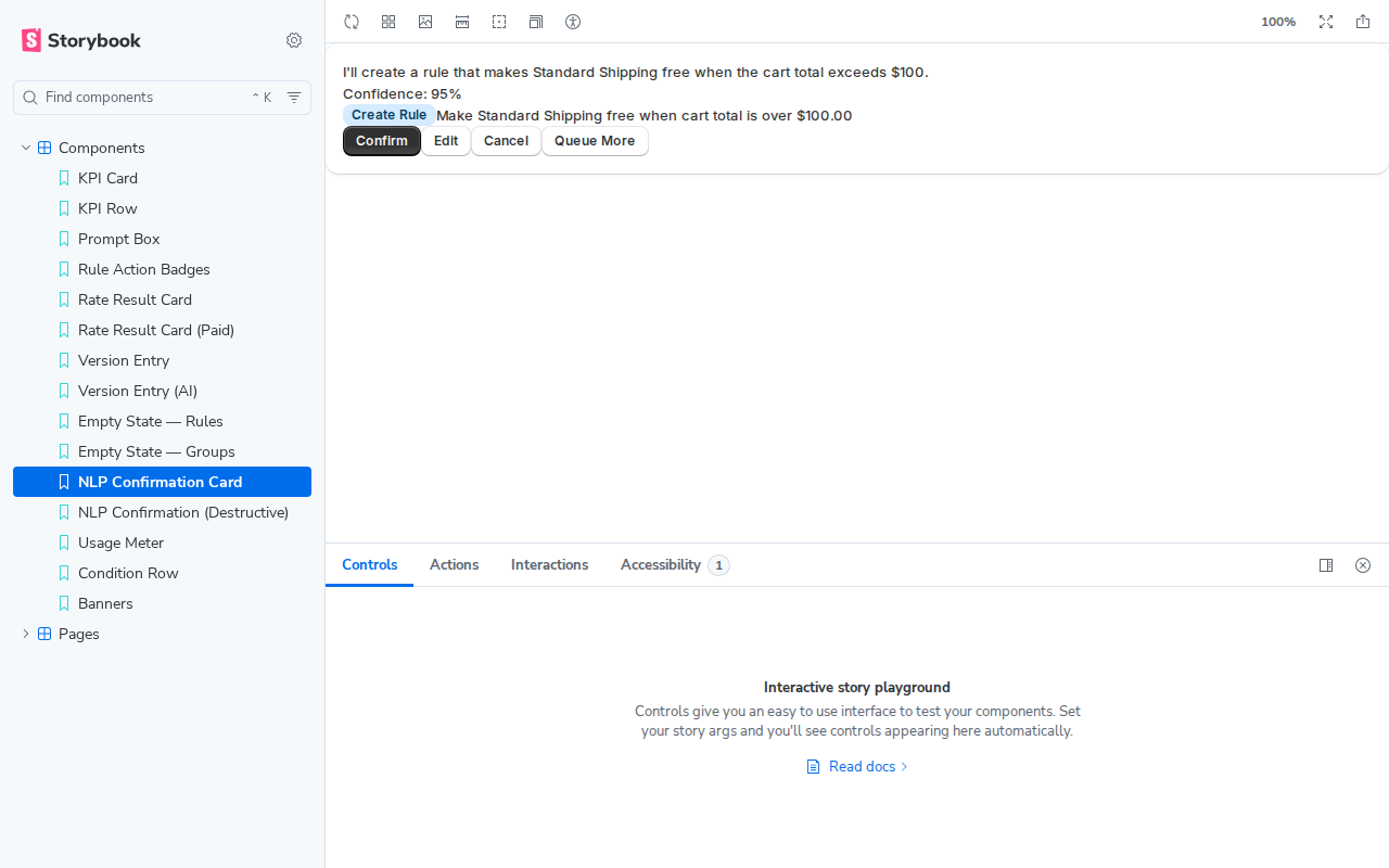 NLP confirmation component showing AI interpretation and action buttons