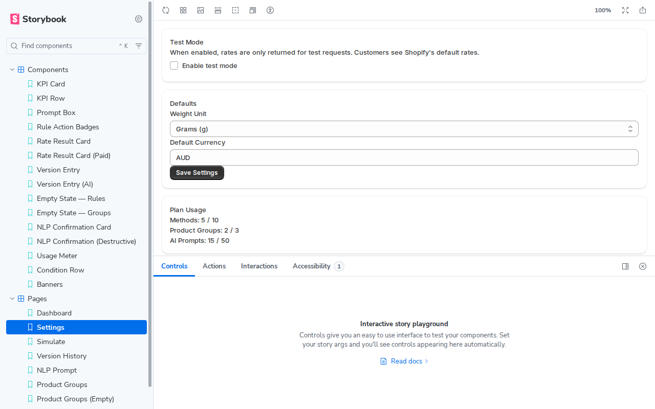 Settings page story showing form controls and plan usage