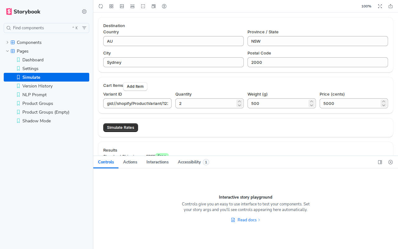 Simulate page with destination form, cart items, and rate results